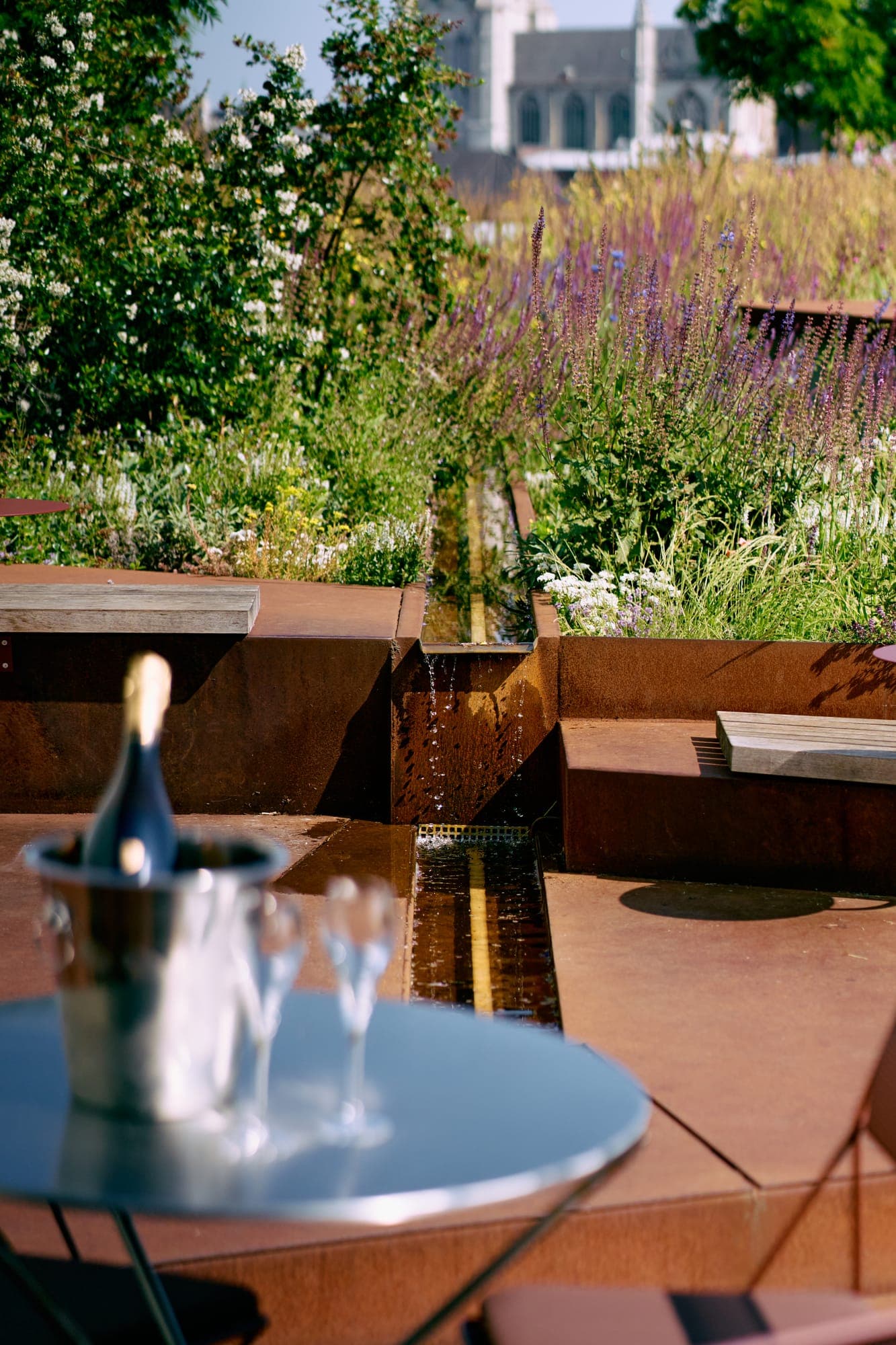 Rooftop terrace garden with a Champagne bucket